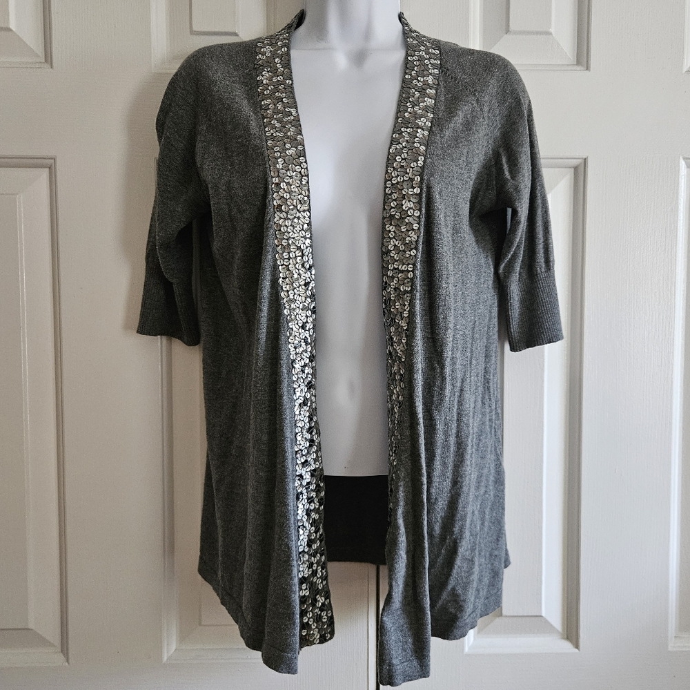Express Womens Short Sleeve Cardigan Sweater Sequins S Gray Knit Lightweight